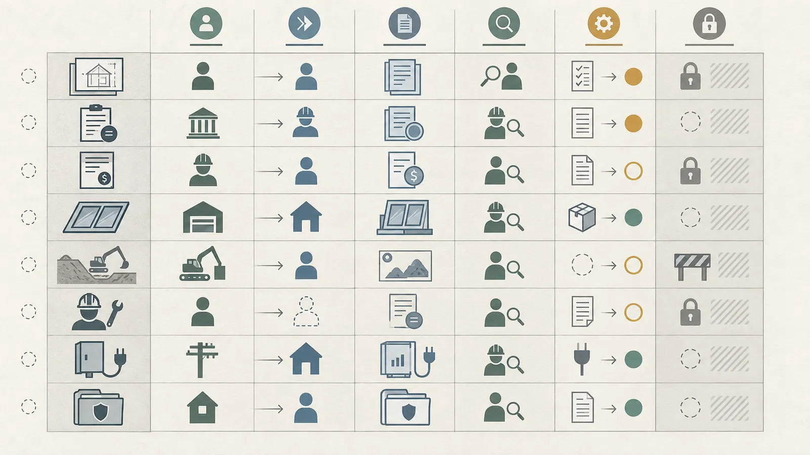 Handoff ledger grid separating custodian, recipient, verifier, release trigger and limitation