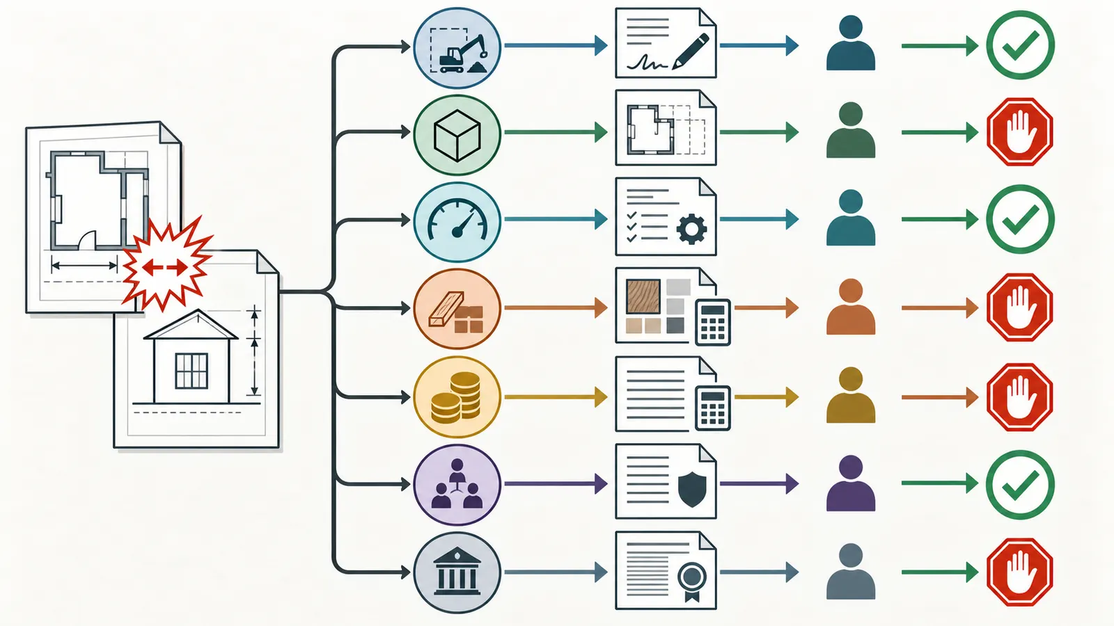 Decision map routing a custom-home document conflict by type to scope, geometry, performance, product, money, responsibility or permit review, then to a written resolution owner.