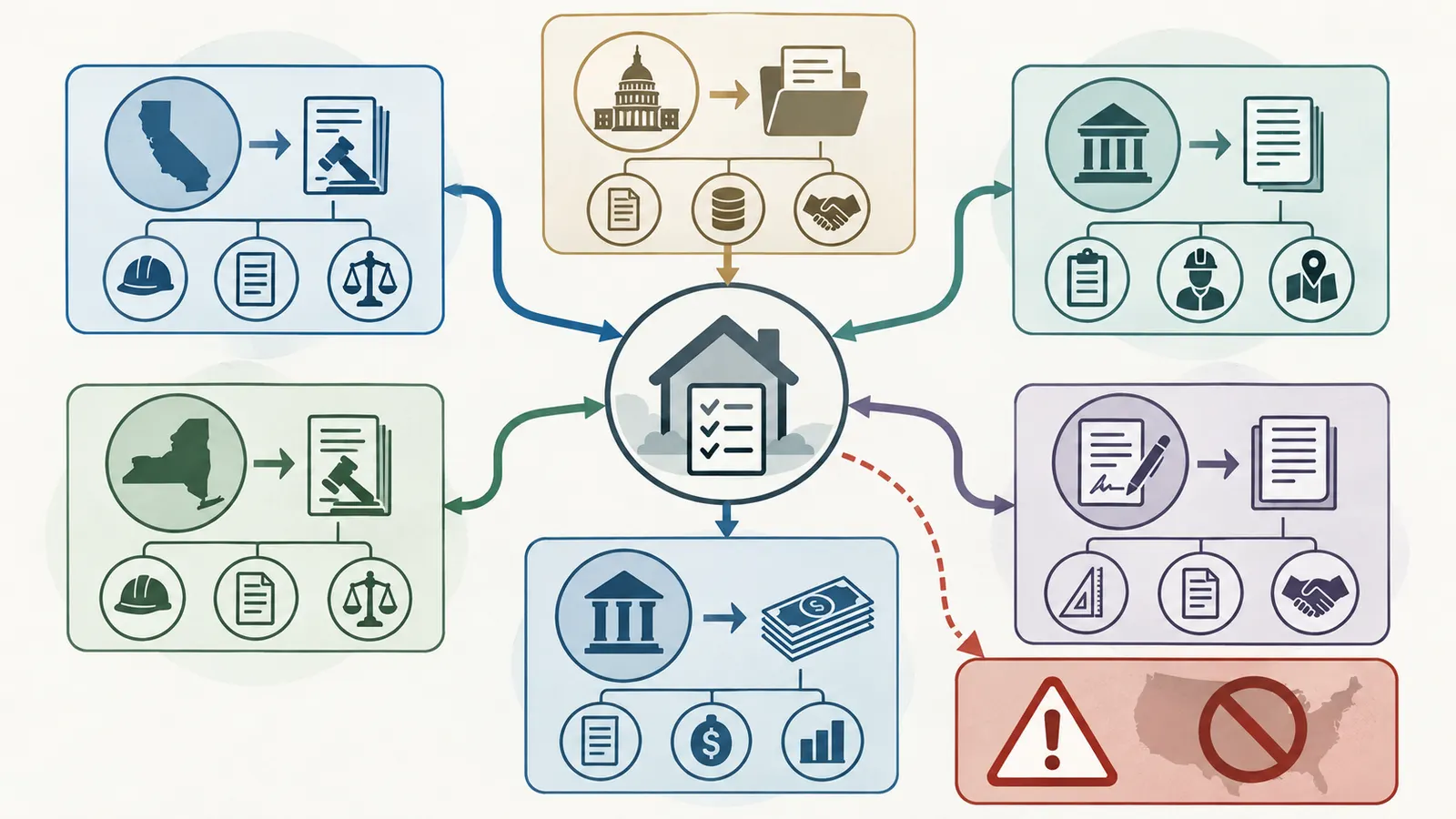 Decision map separating California, New York, federal, local authority, lender, and standard-form inputs for a final-payment release plan