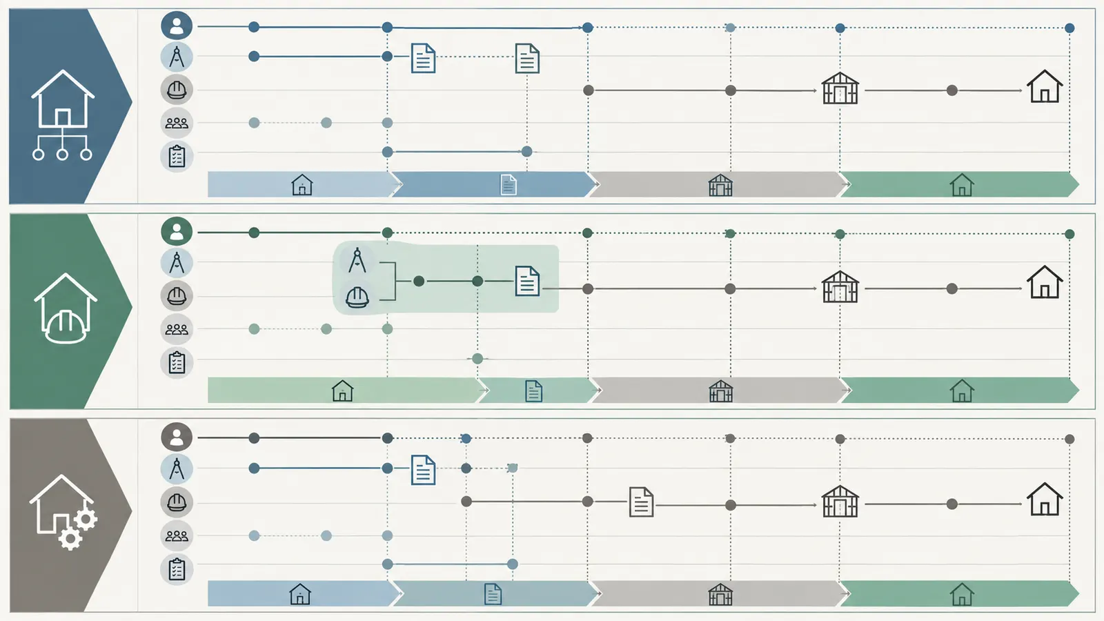 Side-by-side comparison of design-bid-build, design-build and hybrid contracting boundaries with handoff points highlighted.