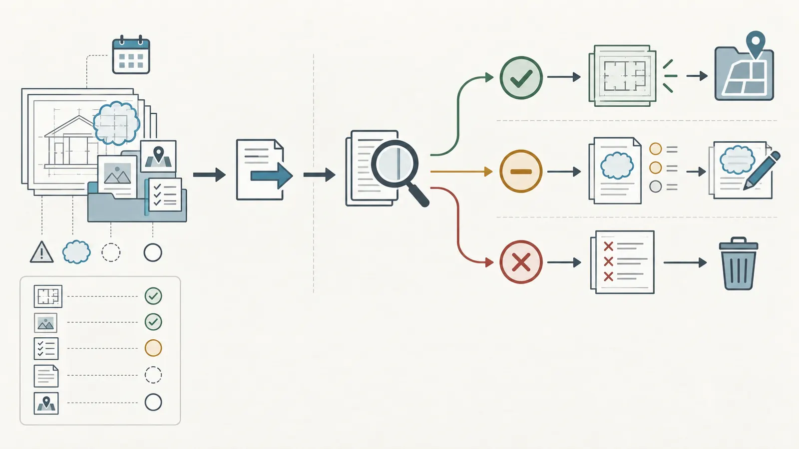 Handoff packet diagram showing revision, assumptions, open items, acceptance response and next action between project parties.