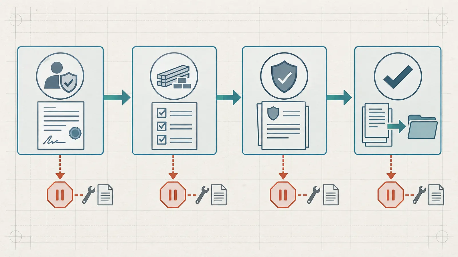Decision map showing contract authority, documented value, protection, and verification as four tests before releasing a payment.