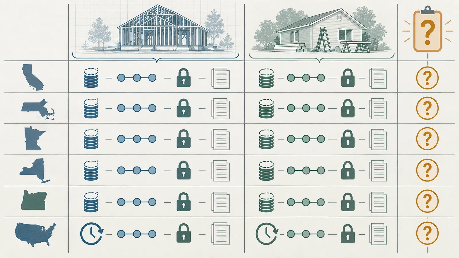 Comparison matrix separating ground-up construction from home-improvement payment protections across named jurisdictions.