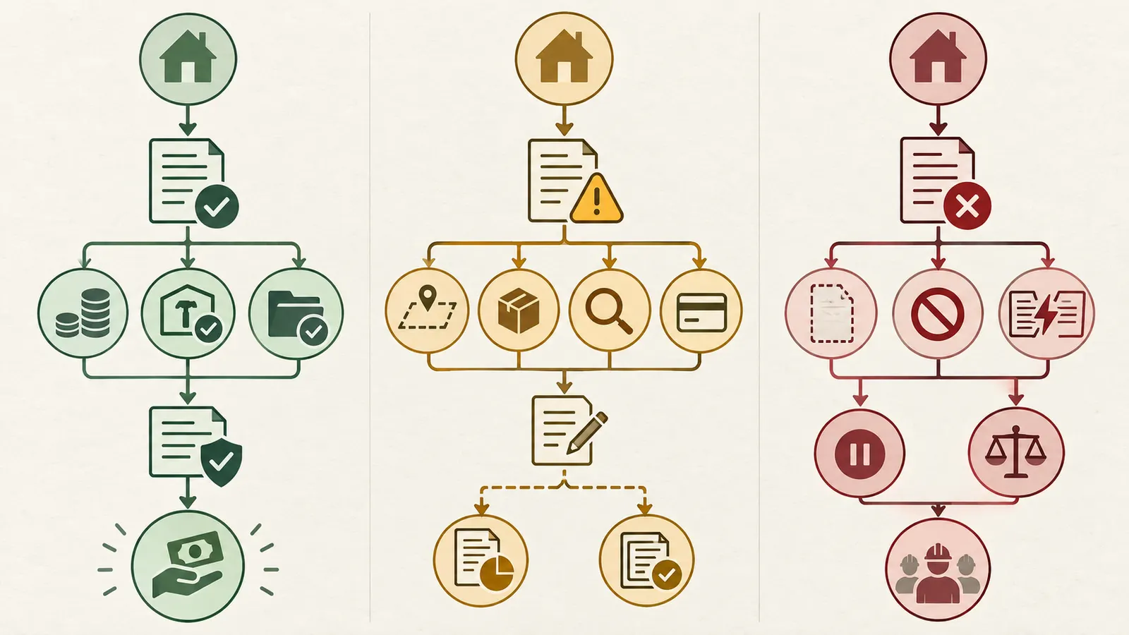 Green, amber, and red payment decision map leading to release, cure, legal review, or a different contract.