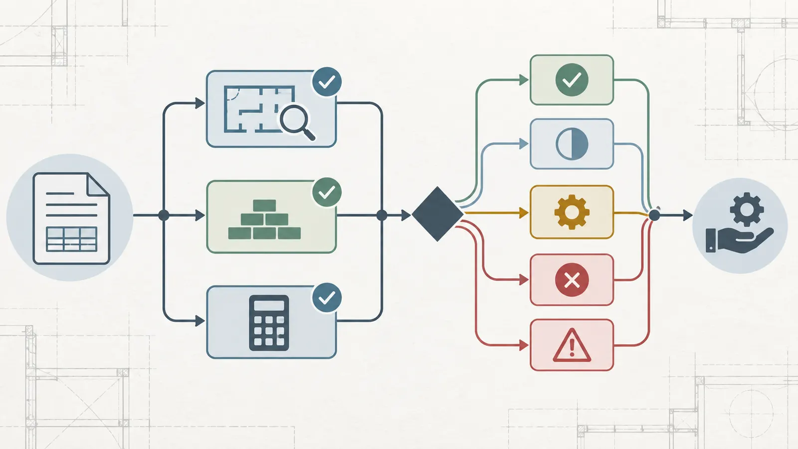 Decision map from a progress draw through scope, amount, claimant and release checks to the next handoff