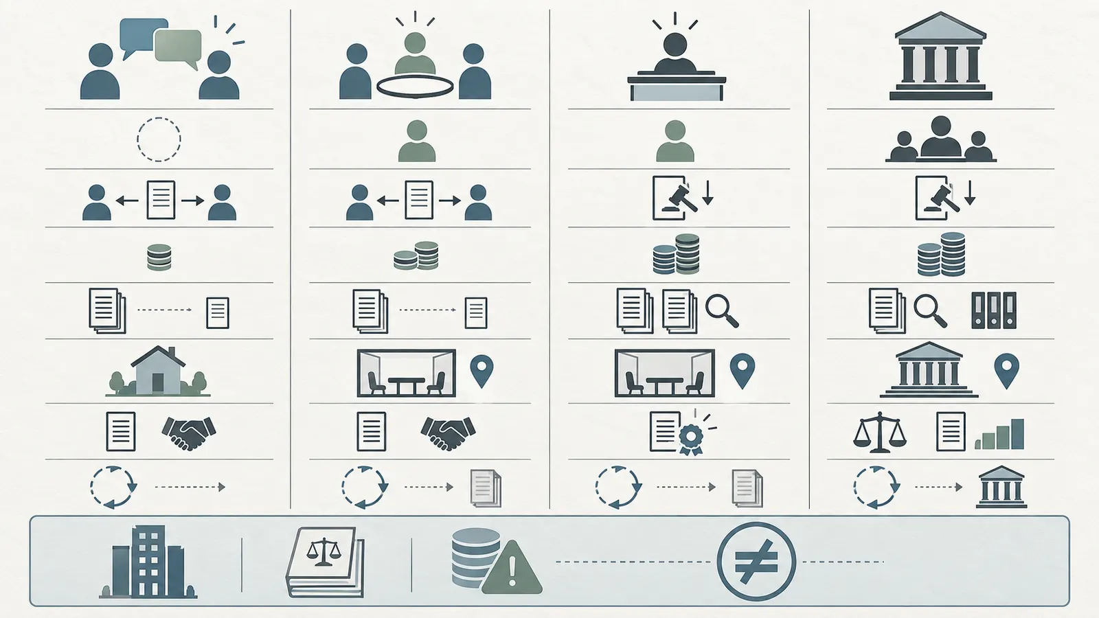 Comparison of court, mediation and arbitration across decision-maker, cost, evidence, remedies and review.