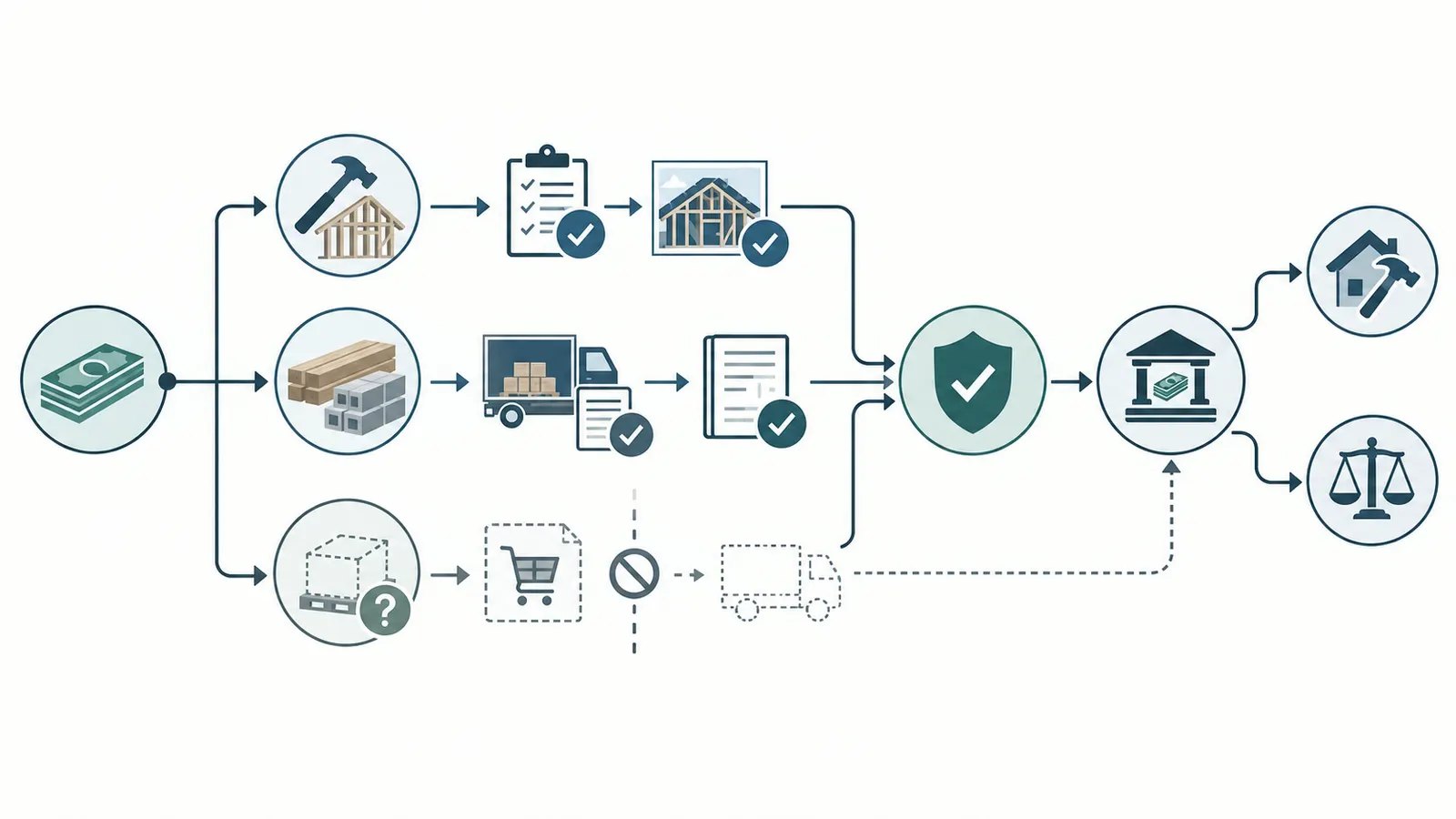 Payment status chain from labor or material evidence to advance review