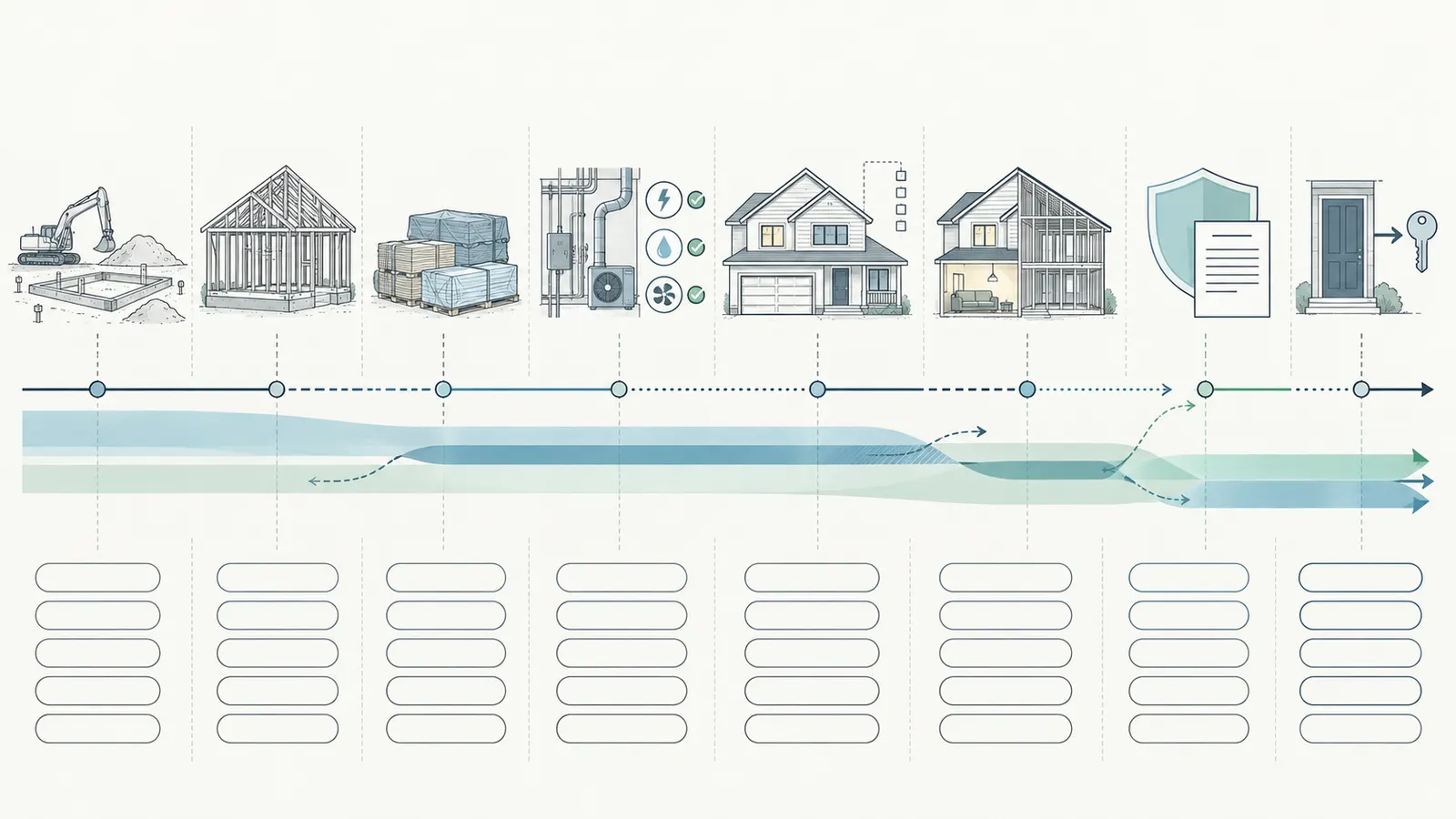 Construction timeline marking mobilization, delivery, startup, substantial completion, occupancy, and closing handoffs.