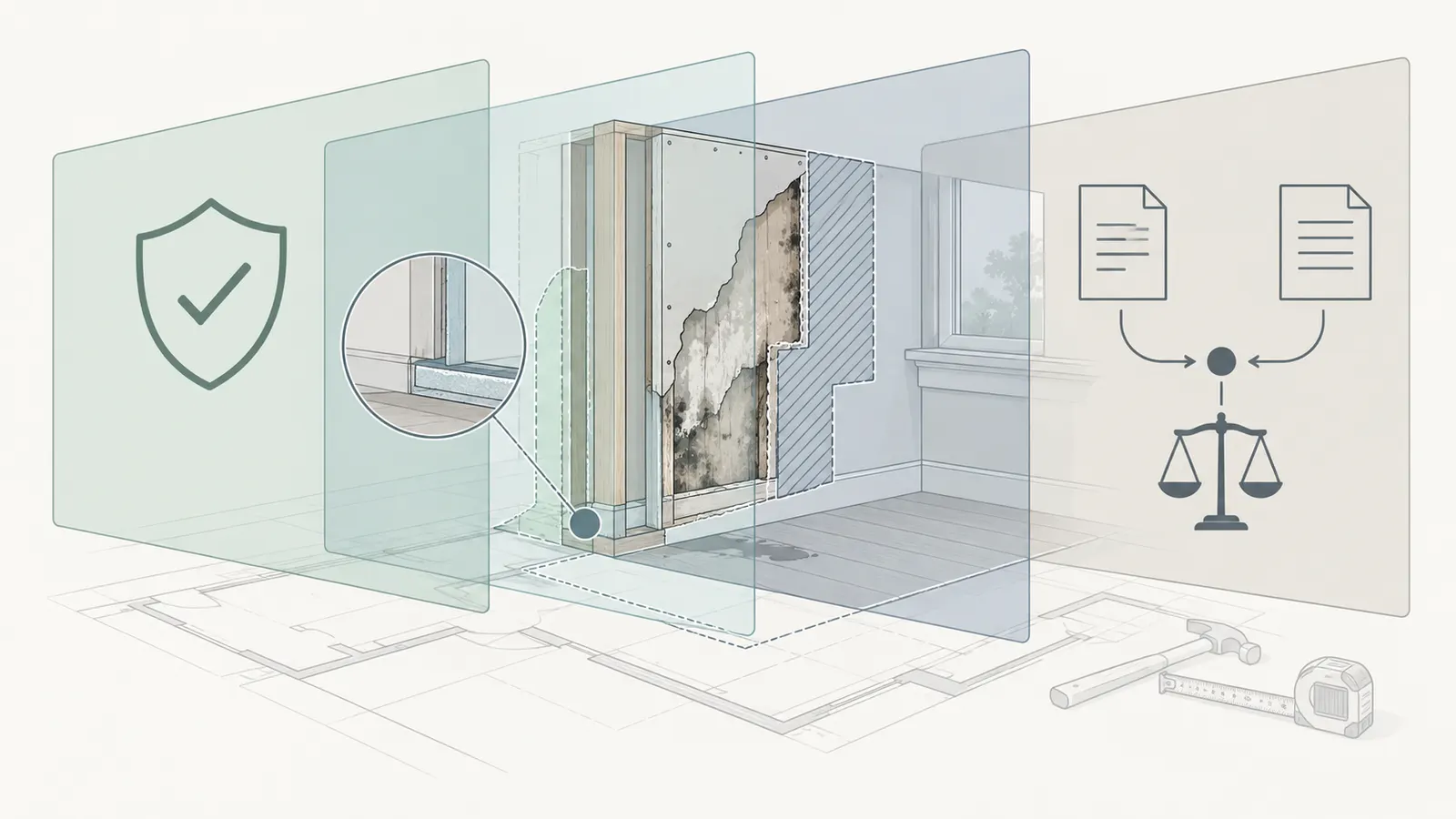 Four-layer comparison separating covered damage, deductible, excluded scope, and contract responsibility.