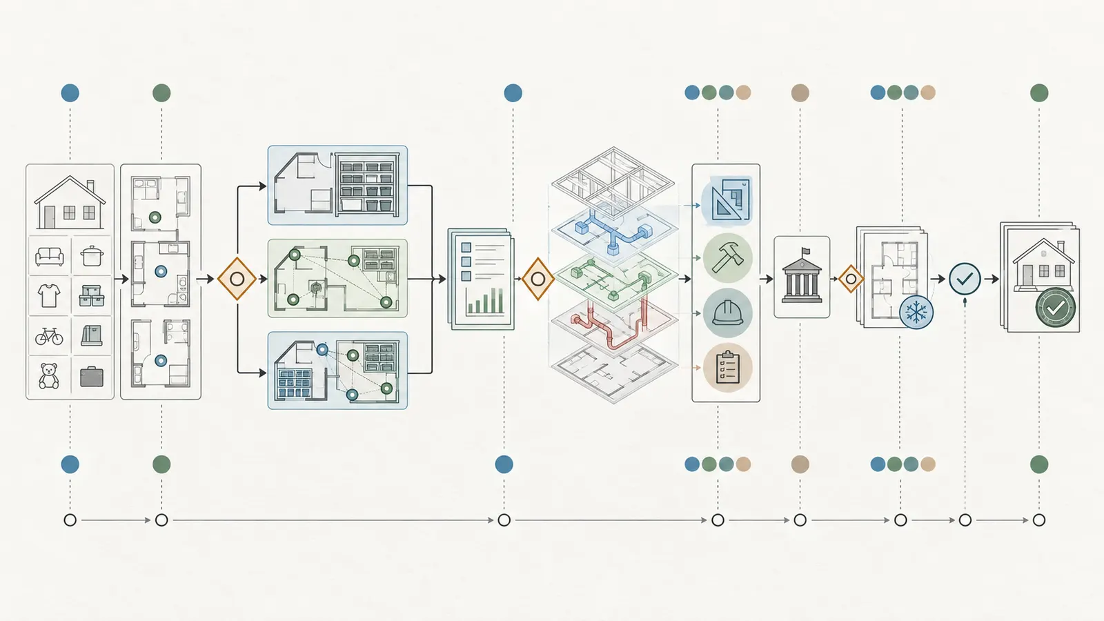 Decision map from household inventory through topology choice, systems overlay, professional review, field verification, and handover