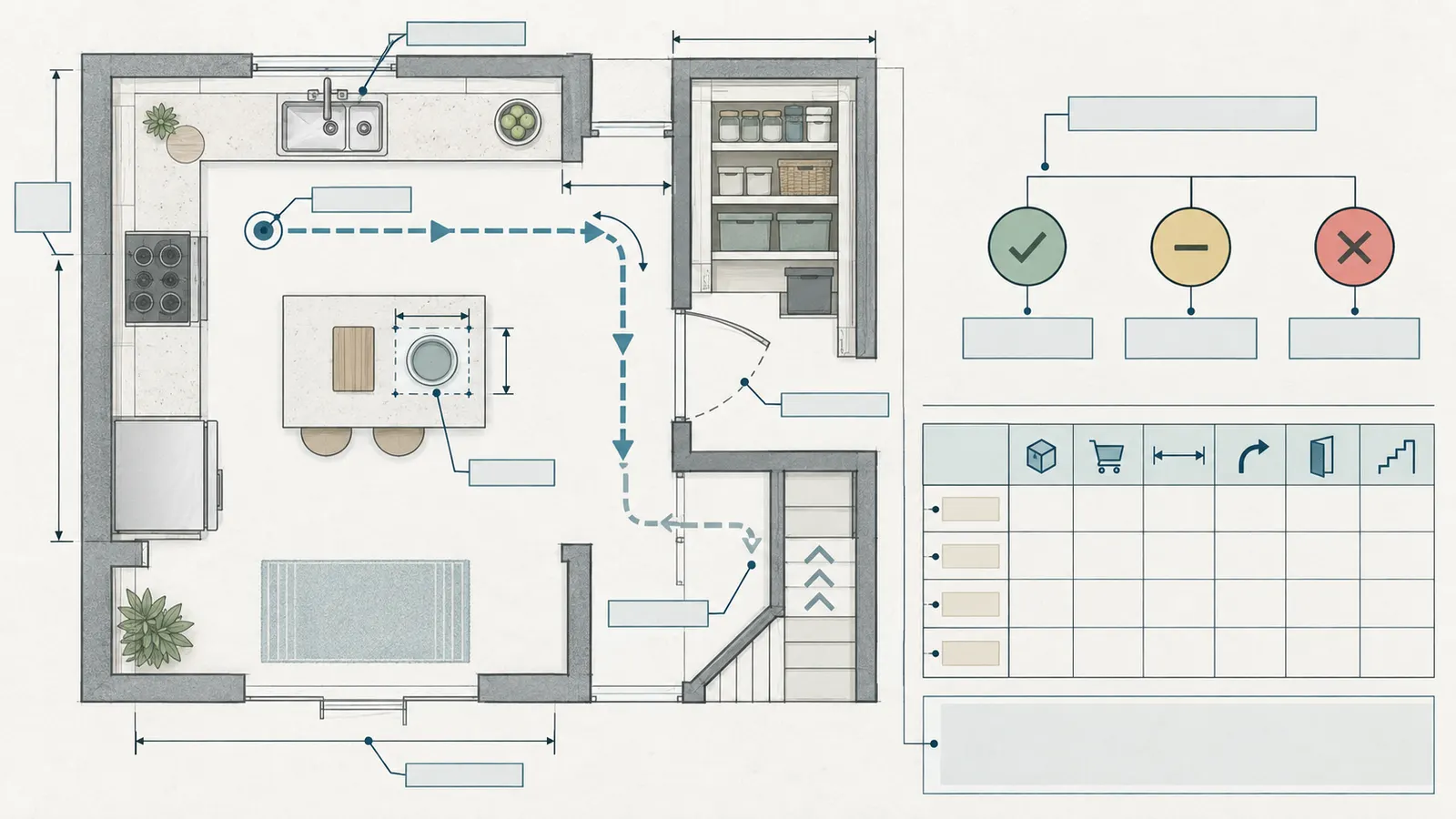 Annotated storage route diagram connecting a point of use to a shelf with turns, doors, stairs, and clearance gates