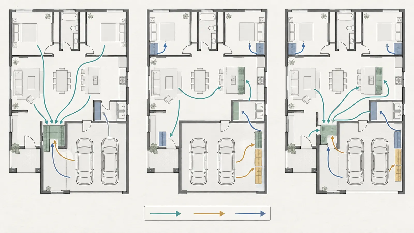 Floor-plan comparison showing central, distributed, and hybrid storage zones with daily and seasonal item routes