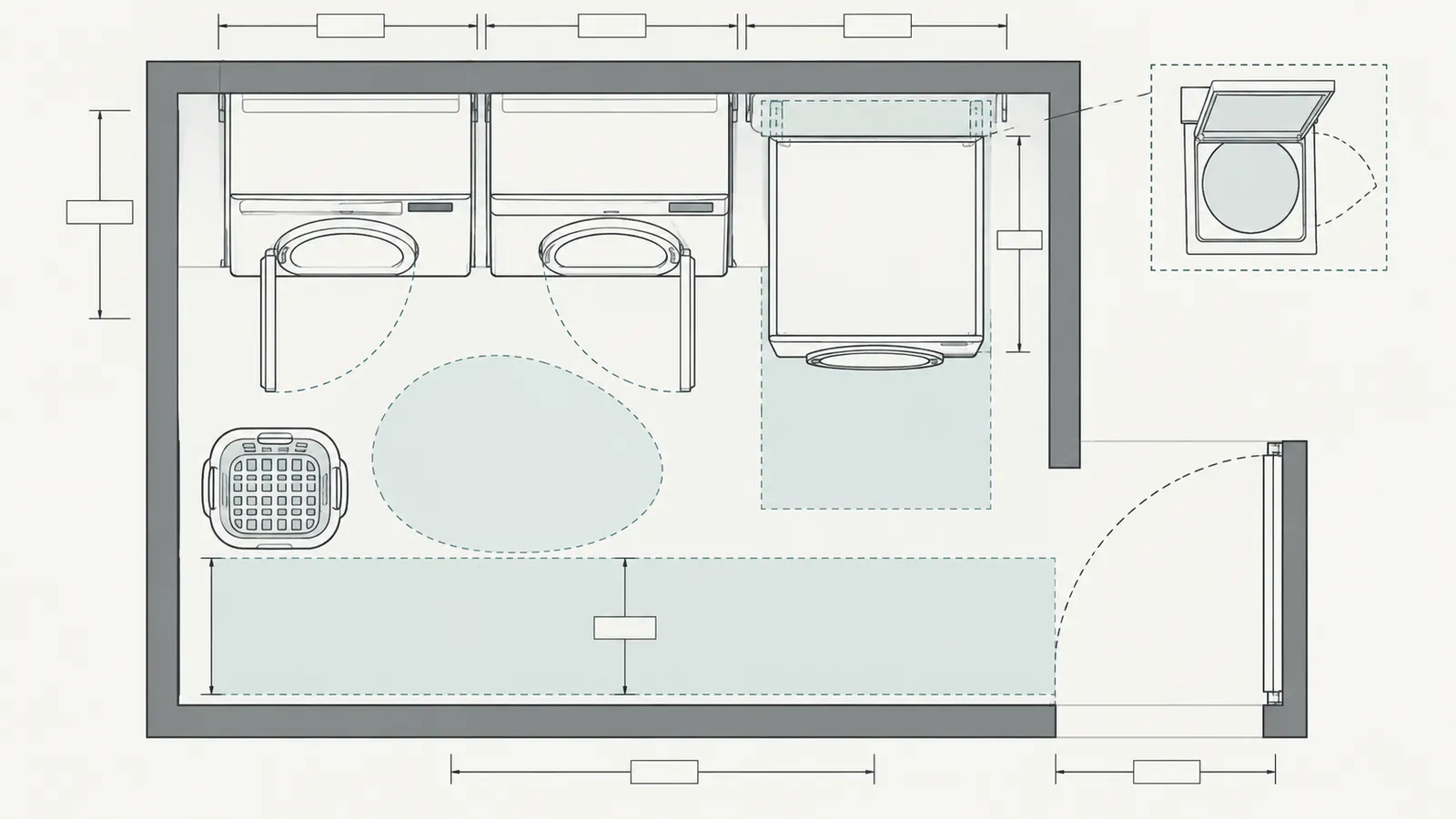 Full-size laundry mock-up showing appliance door arcs, room door swing, basket, approach, and service pull-out