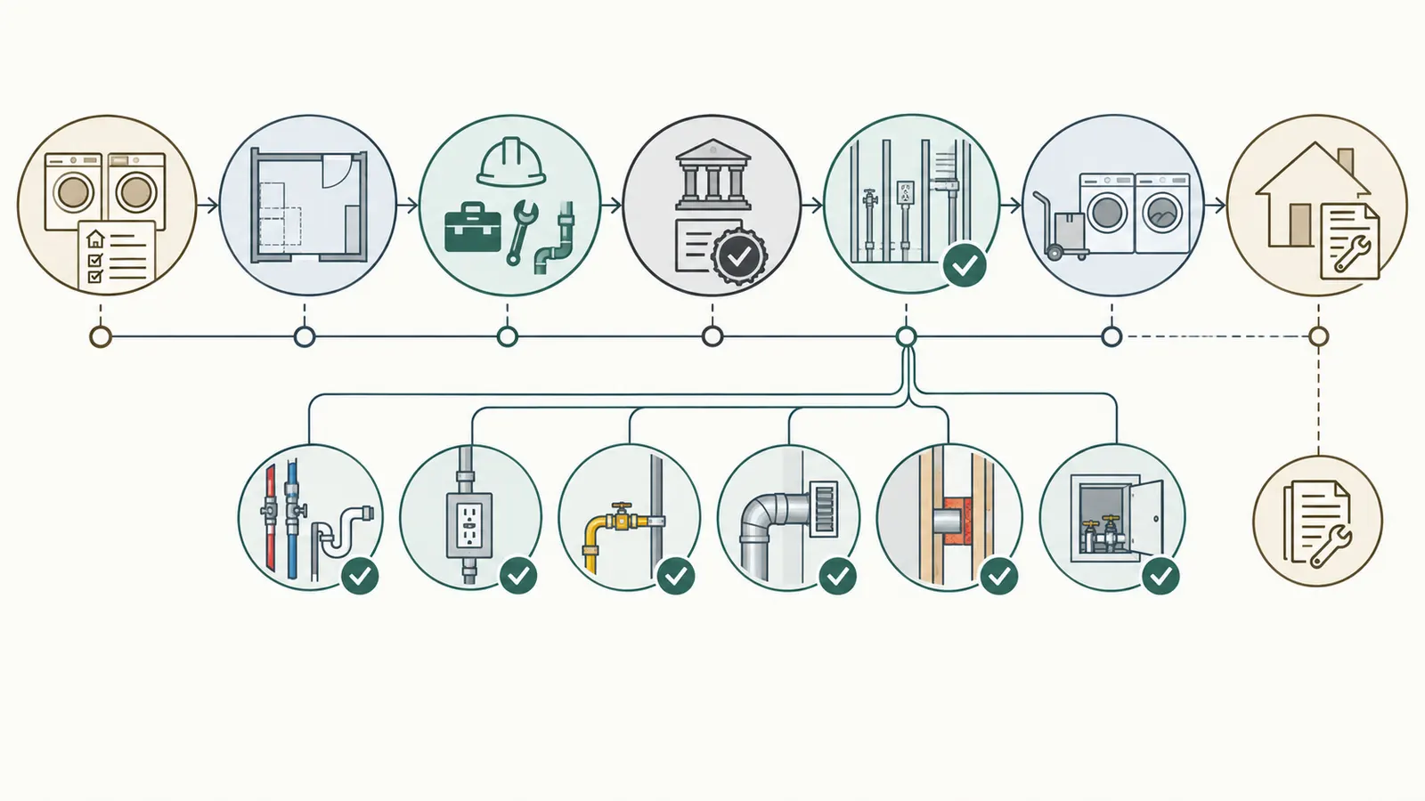 Laundry rough-in coordination map linking appliance manual, plumbing, electrical, exhaust, framing, AHJ, and handover checks