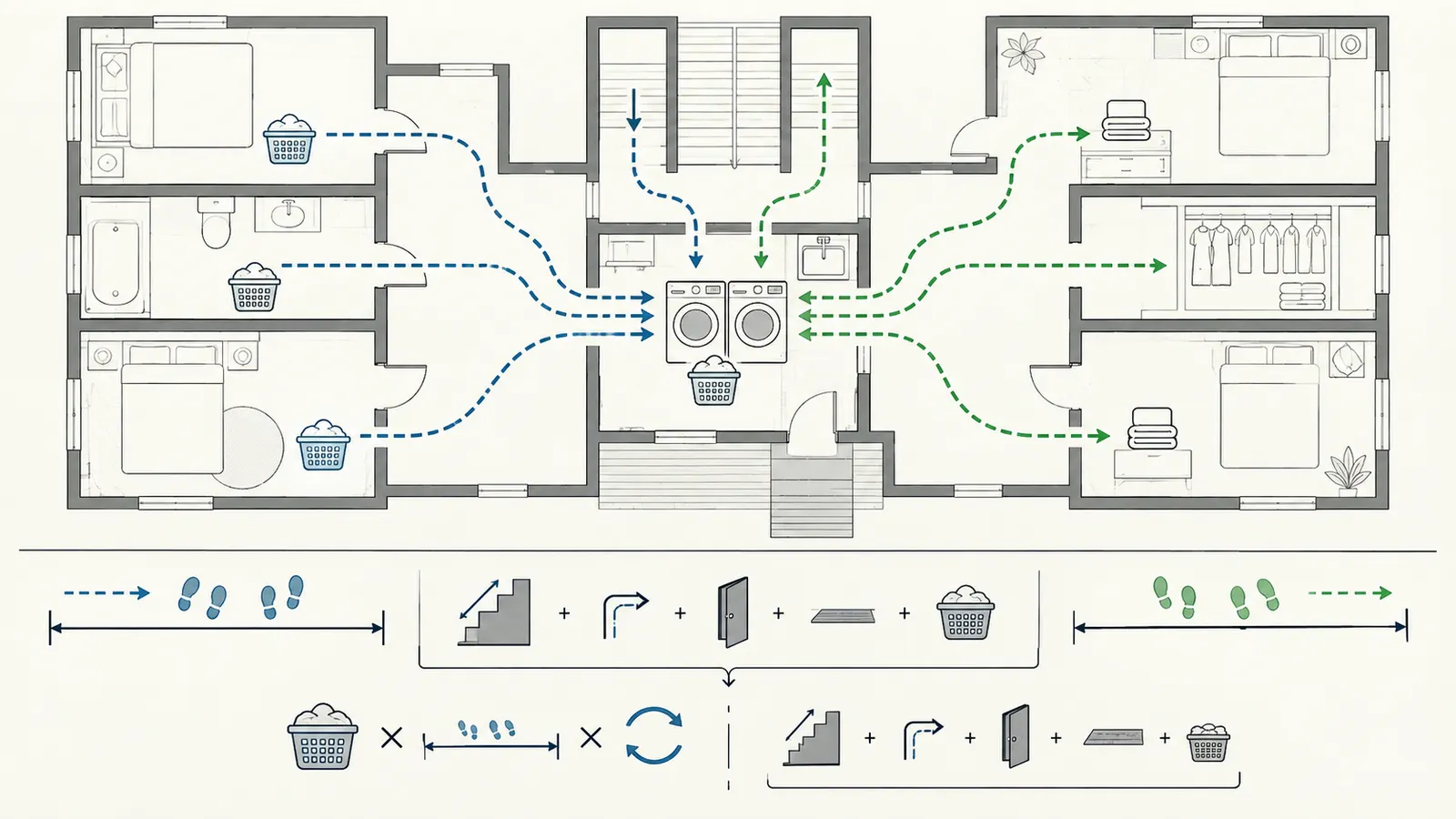 Laundry route map marking dirty and clean paths, stairs, turns, doors, and weekly carry-distance inputs