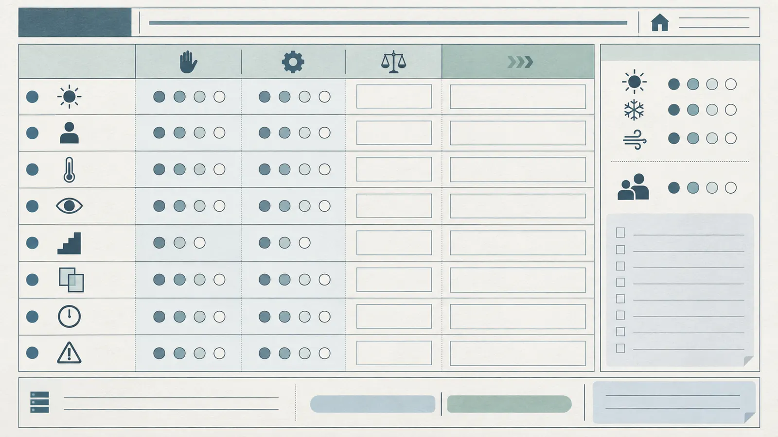 Room-by-room shade scorecard comparing exposure, occupancy, glare, privacy, reachability, grouping, change rate and consequence.