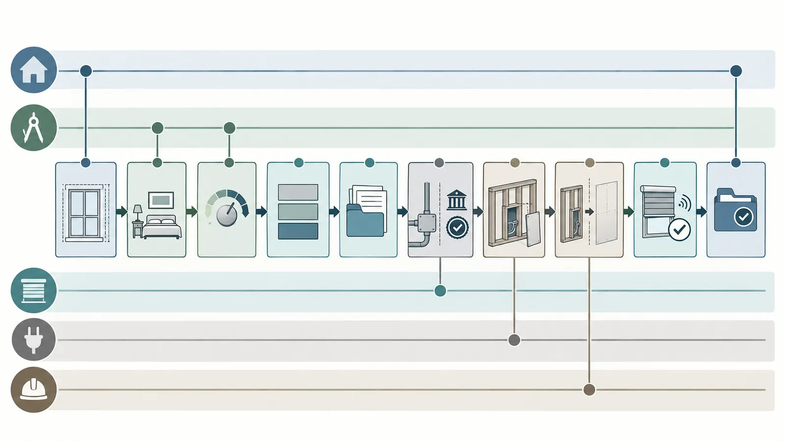 Pre-rough-in handoff sequence from opening list and room intent through shade submittal, electrical coordination, verification and commissioning.