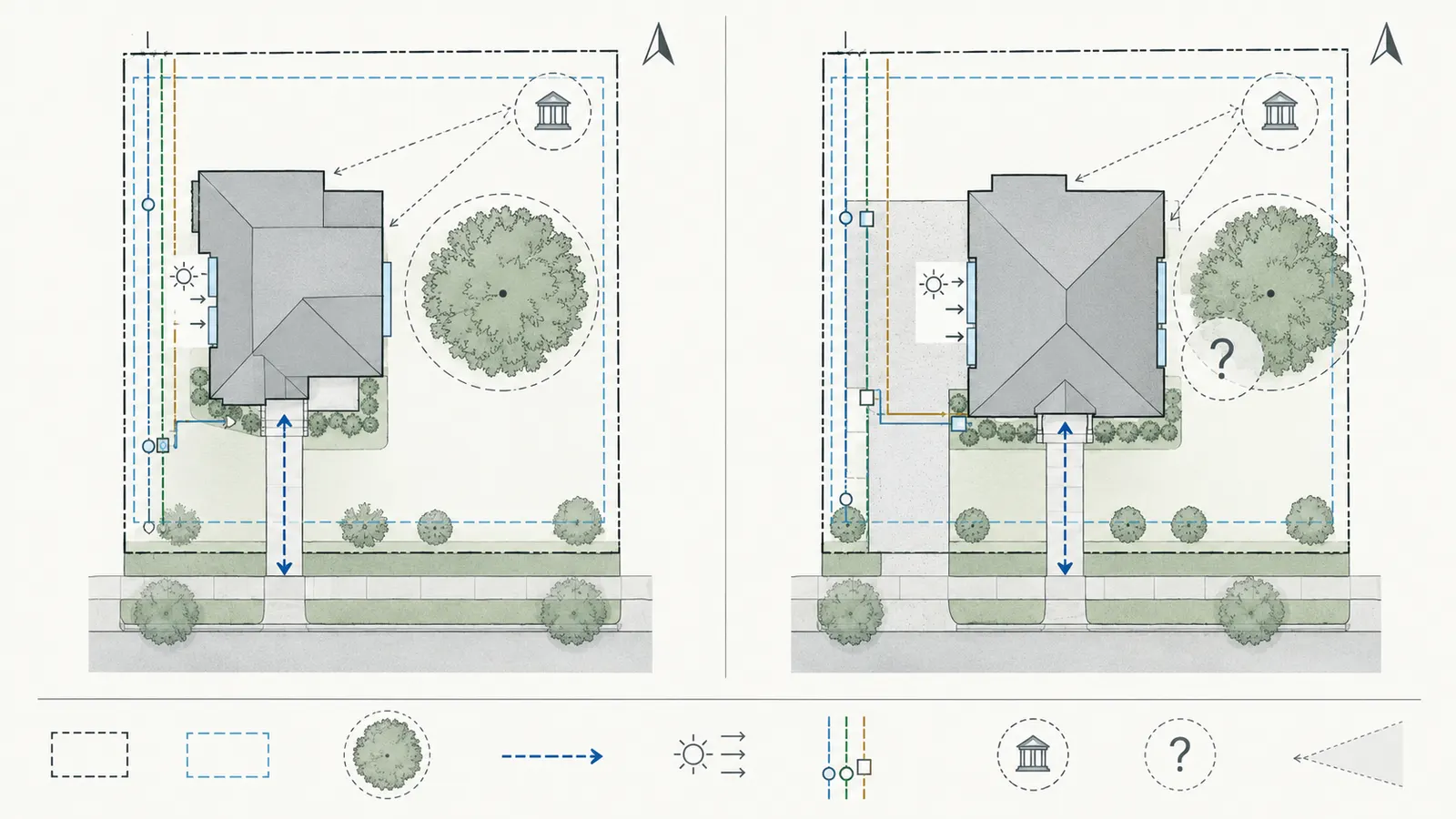 Side-by-side comparison of two illustrative footprints showing tree, service yard, entry, energy and historic review consequences