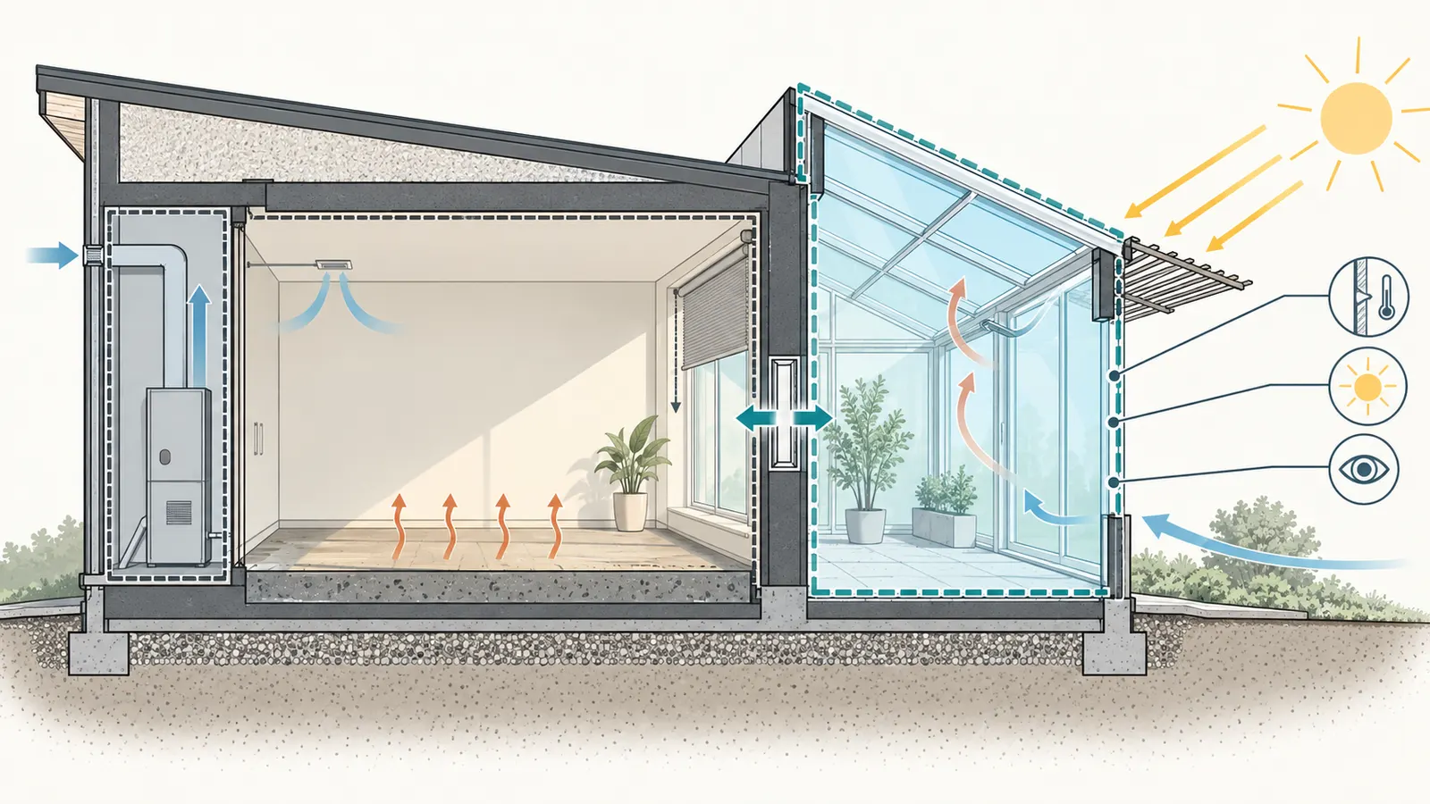 Cutaway section showing south glazing, exposed thermal mass, exterior shade, interior shade, ventilation path and the thermal boundary.