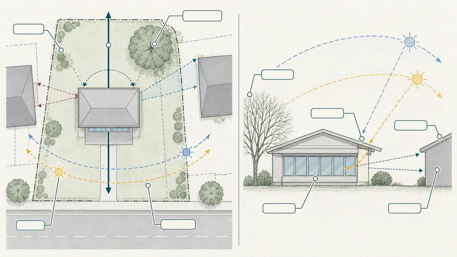 Annotated site and south-facade study showing true south, winter sun access, summer shade, obstructions and privacy sightlines.