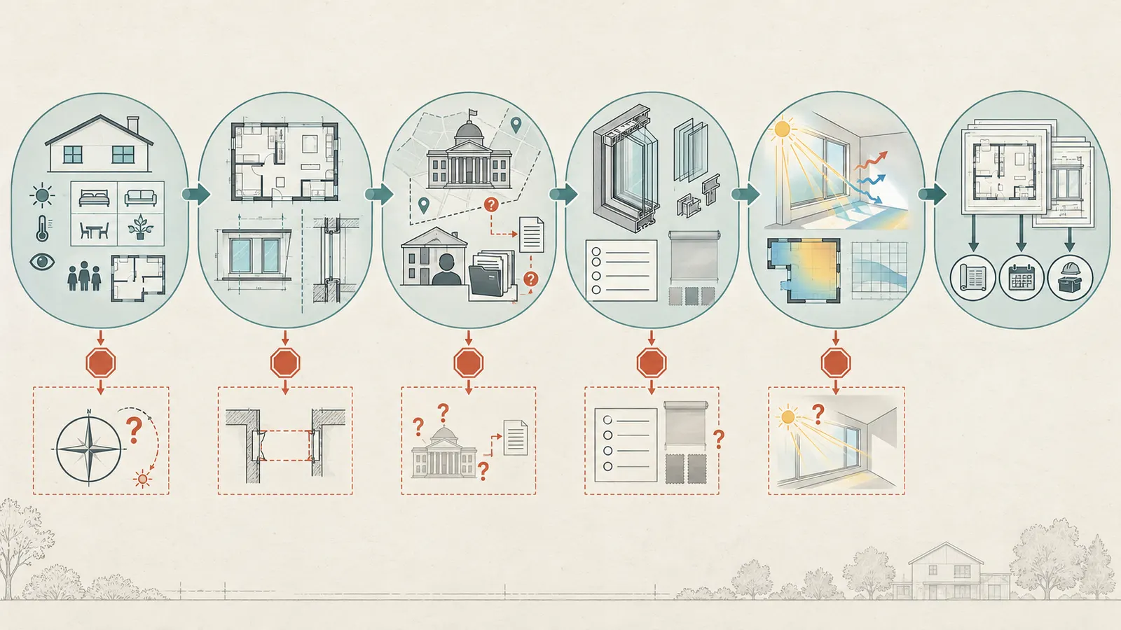 Six design-freeze gates from homeowner brief through geometry, local review, product data, modeling and handoff