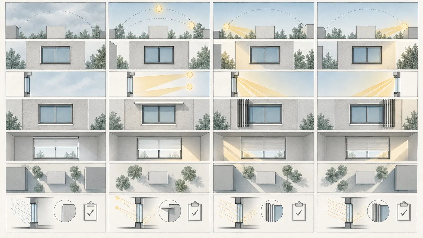 North, south, east and west glazing cases compared with daylight, glare, heat and shade dependencies