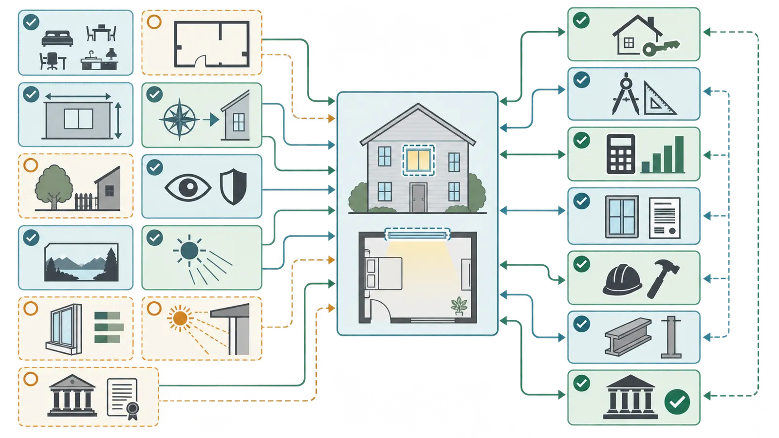 Room and facade inputs routed to homeowner, architect, modeler, supplier, builder and local reviewer