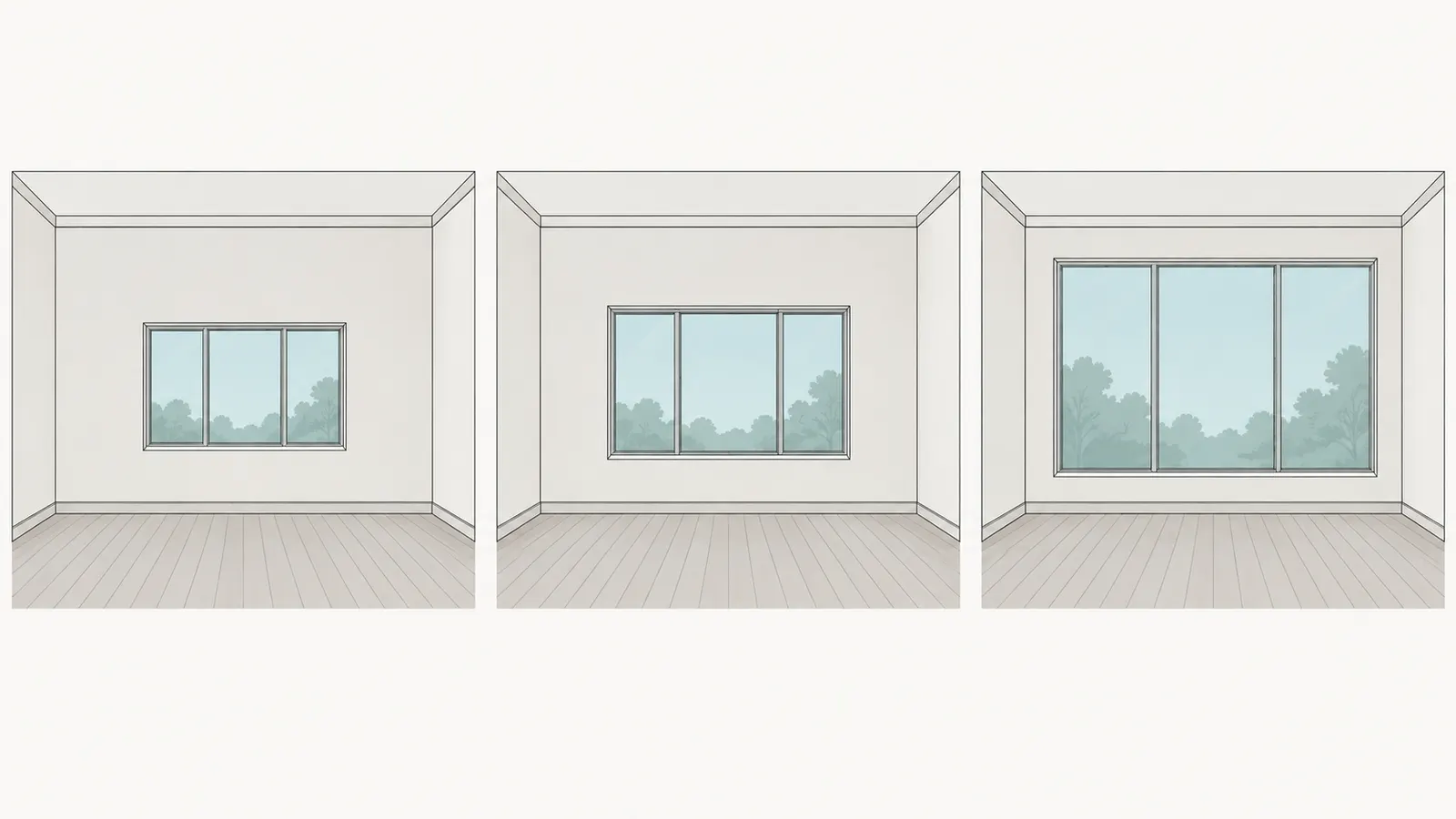 Illustrative low, middle and high glazing schemes with wall-area denominator and WWR calculation