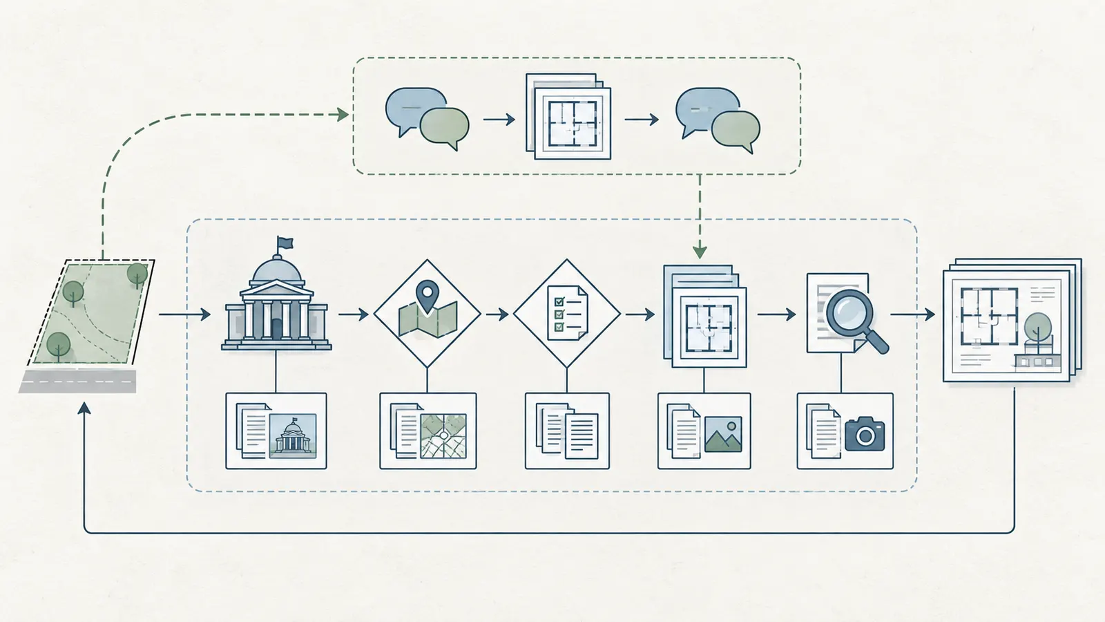 Decision map from a parcel's named jurisdiction to preliminary inquiry, formal plan review and documented next handoff