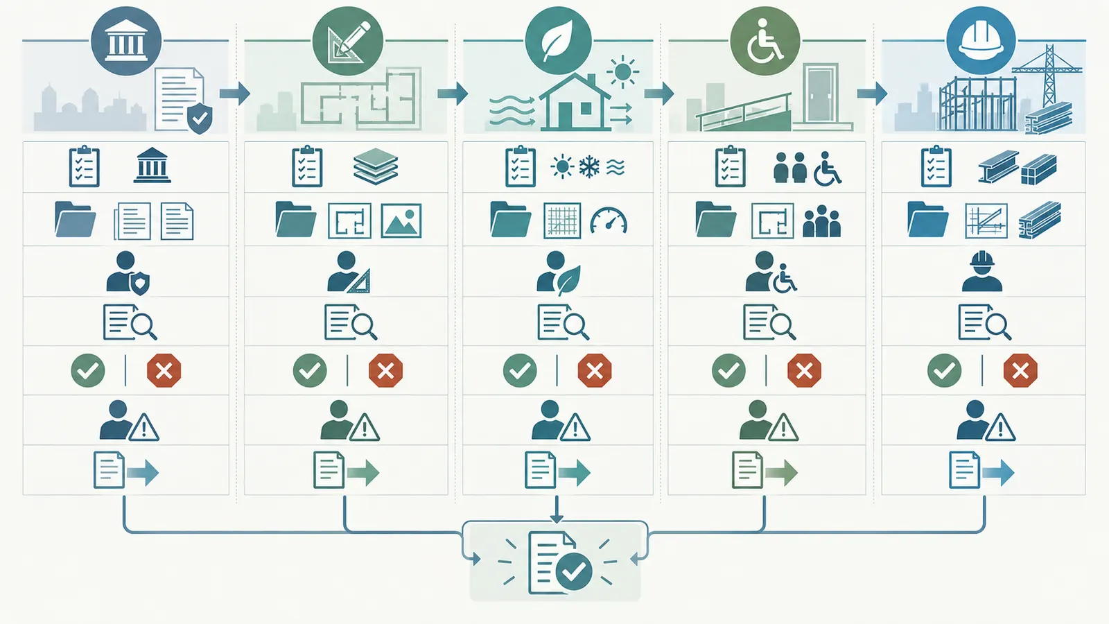 Five-column review gate matrix showing inputs, accountable roles, evidence, stop rules and handoffs before plan freeze