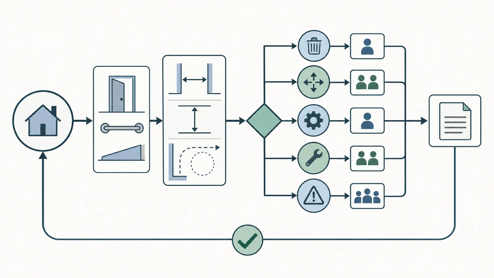 Decision map connecting an essential household task to measurement, owner, reversible change, jurisdiction question, and verification