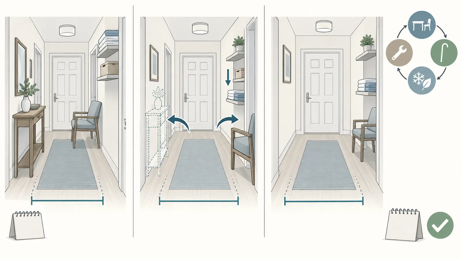 Before-and-after comparison showing a dated route register with baseline measurements, a reversible furniture change, and the same task verified afterward