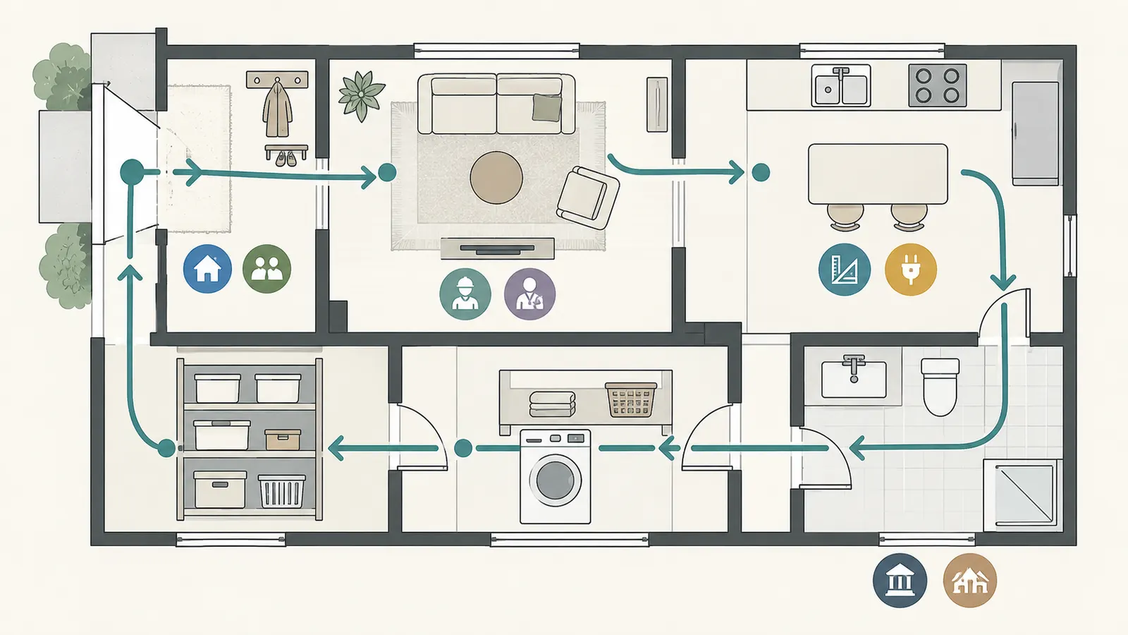 Room-by-room handoff diagram linking entry, living room, kitchen, bathroom, laundry, and storage tasks to household and professional owners