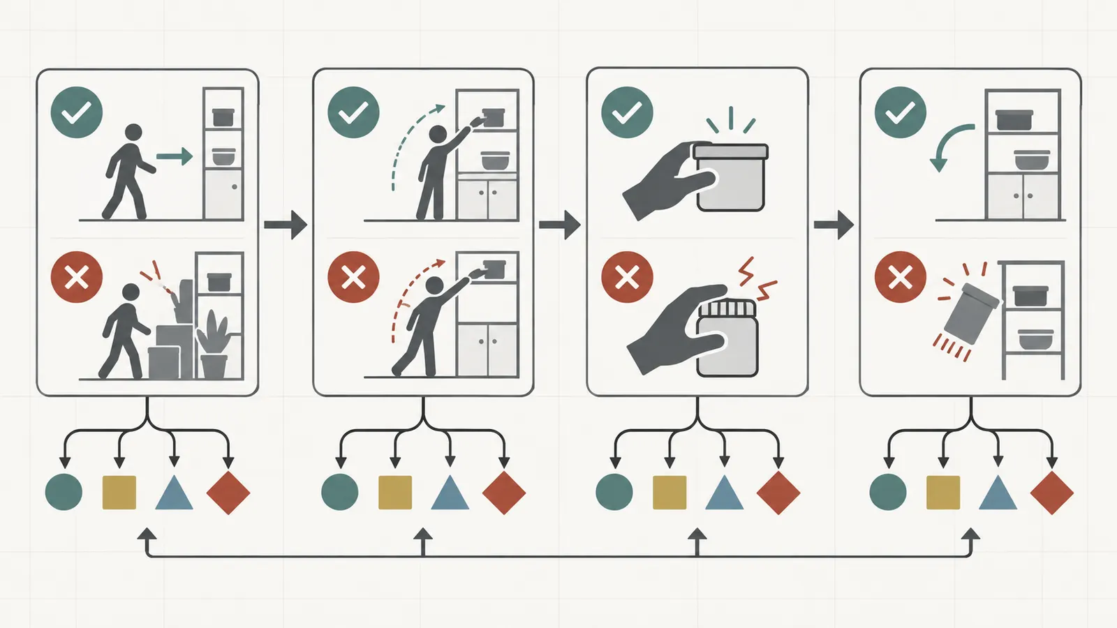Four-gate decision map for approach, reach geometry, operating action, and safe repeatable exit