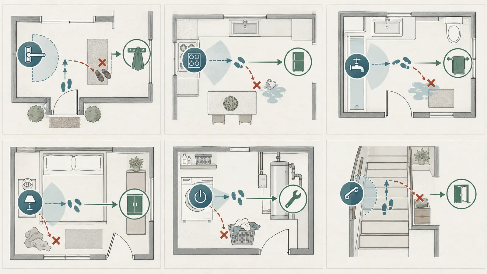 Room task-cluster screen comparing entry, kitchen, bathroom, bedroom, laundry, and stairs review points