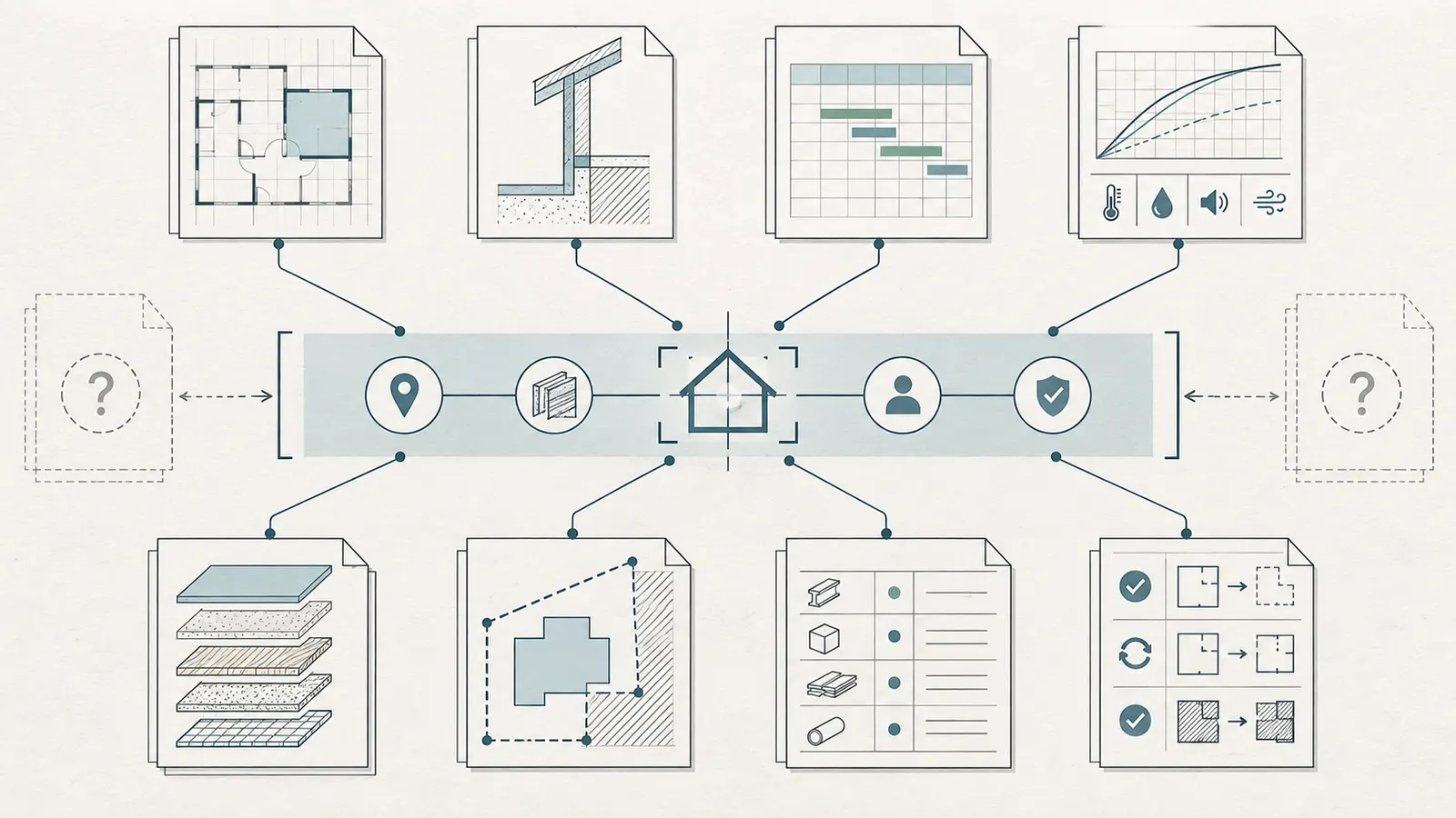 Cross-document map linking one design-intent row to plans, assembly details, schedules, specifications, bid scope, procurement and verification records.