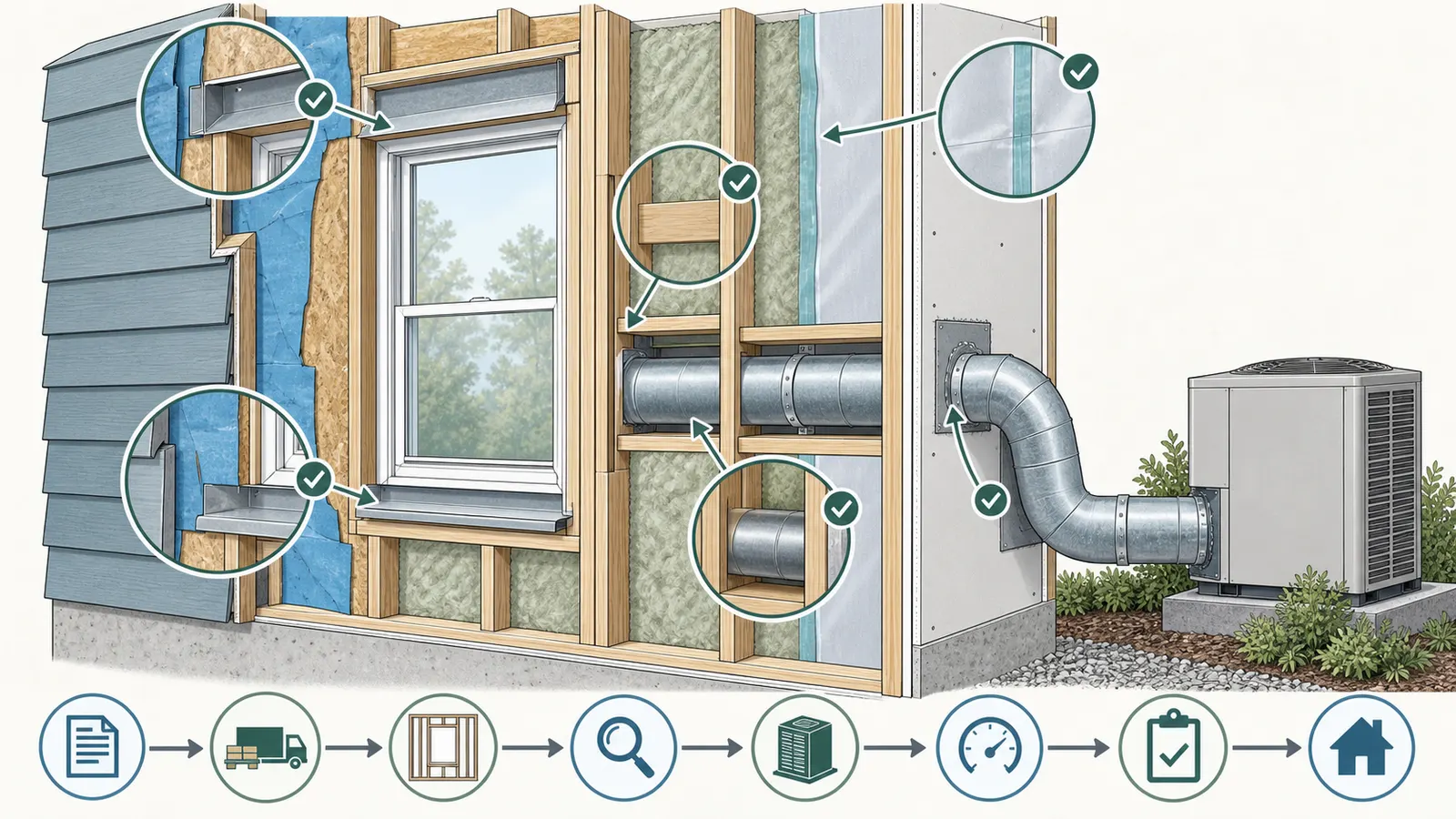 Residential wall and mechanical cutaway with verification checkpoints at submittal, rough-in, pre-cover, start-up, testing and handover.