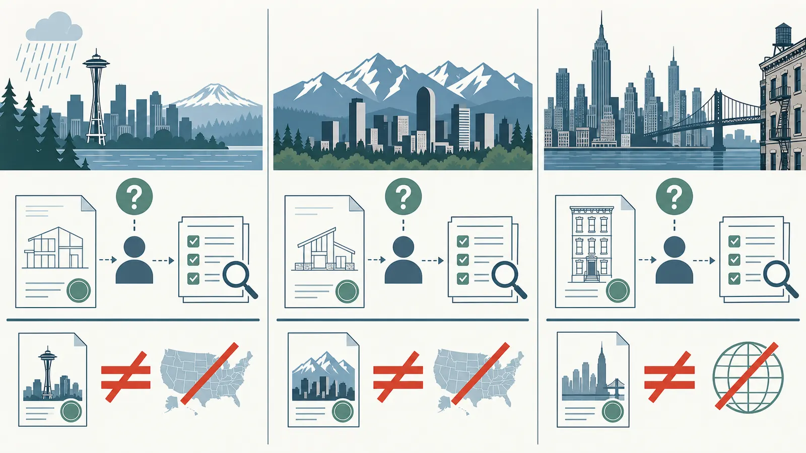 Comparison graphic of Seattle revision, Denver modified-drawing, and New York City PAA pathways with local terminology and release records.