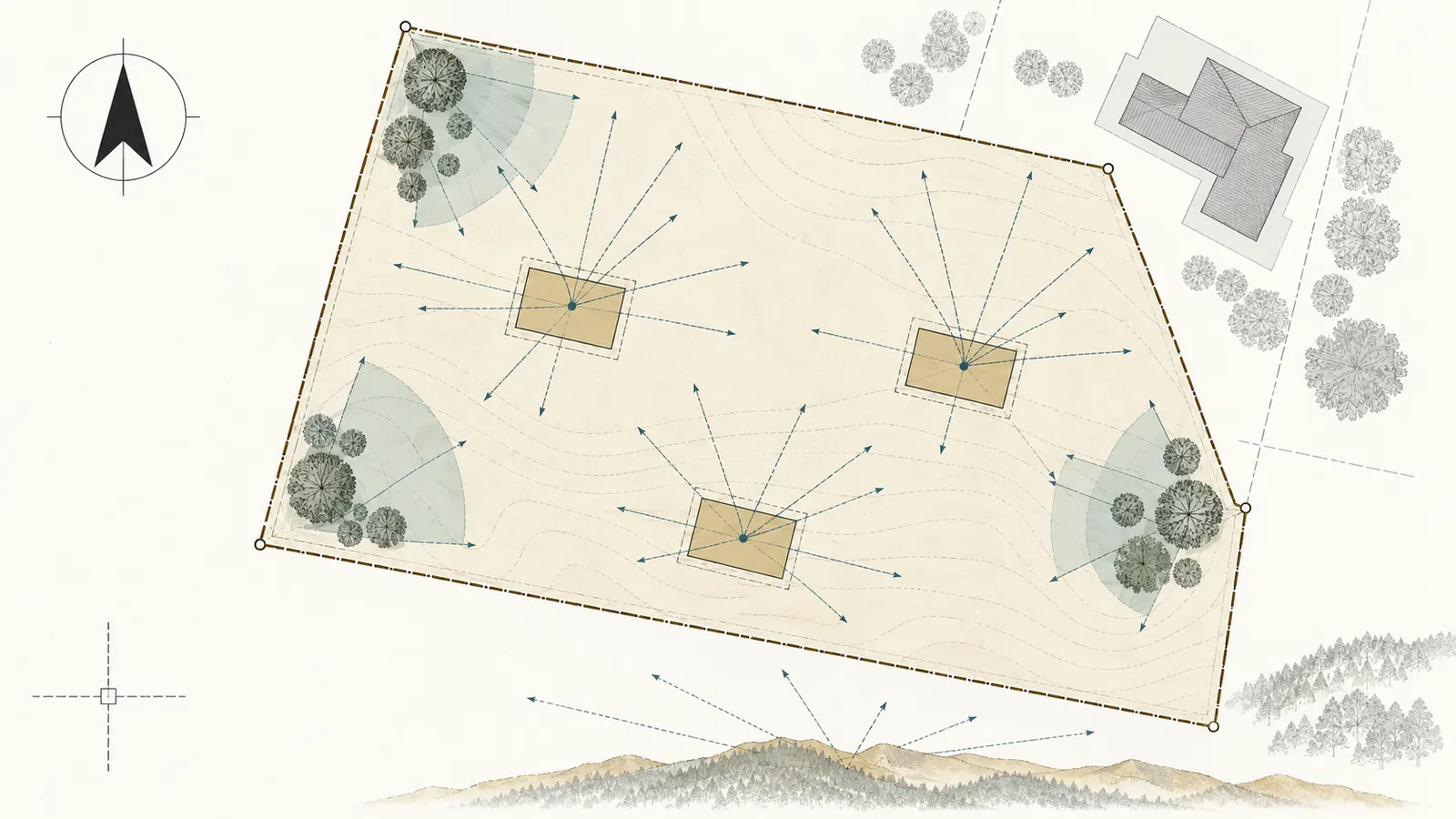 Annotated site base map showing candidate house pads, true north, obstruction sectors, and measurement rays.