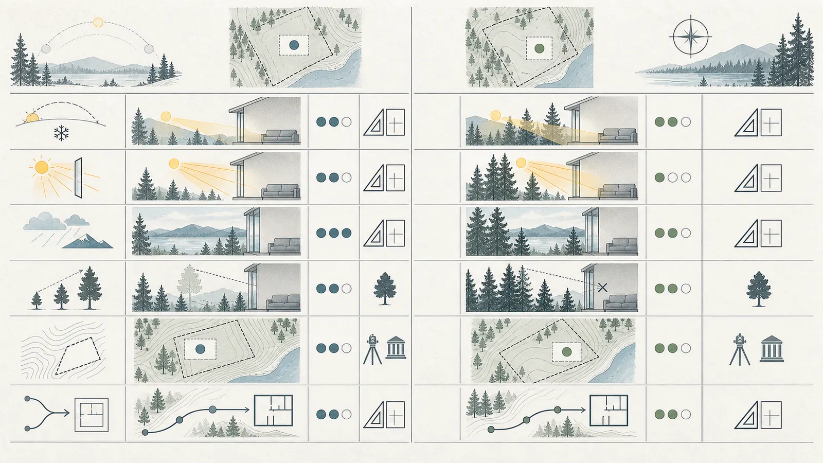Decision matrix comparing two candidate house pads by seasonal light, glare, views, future obstructions, constraints, confidence, and next owner.
