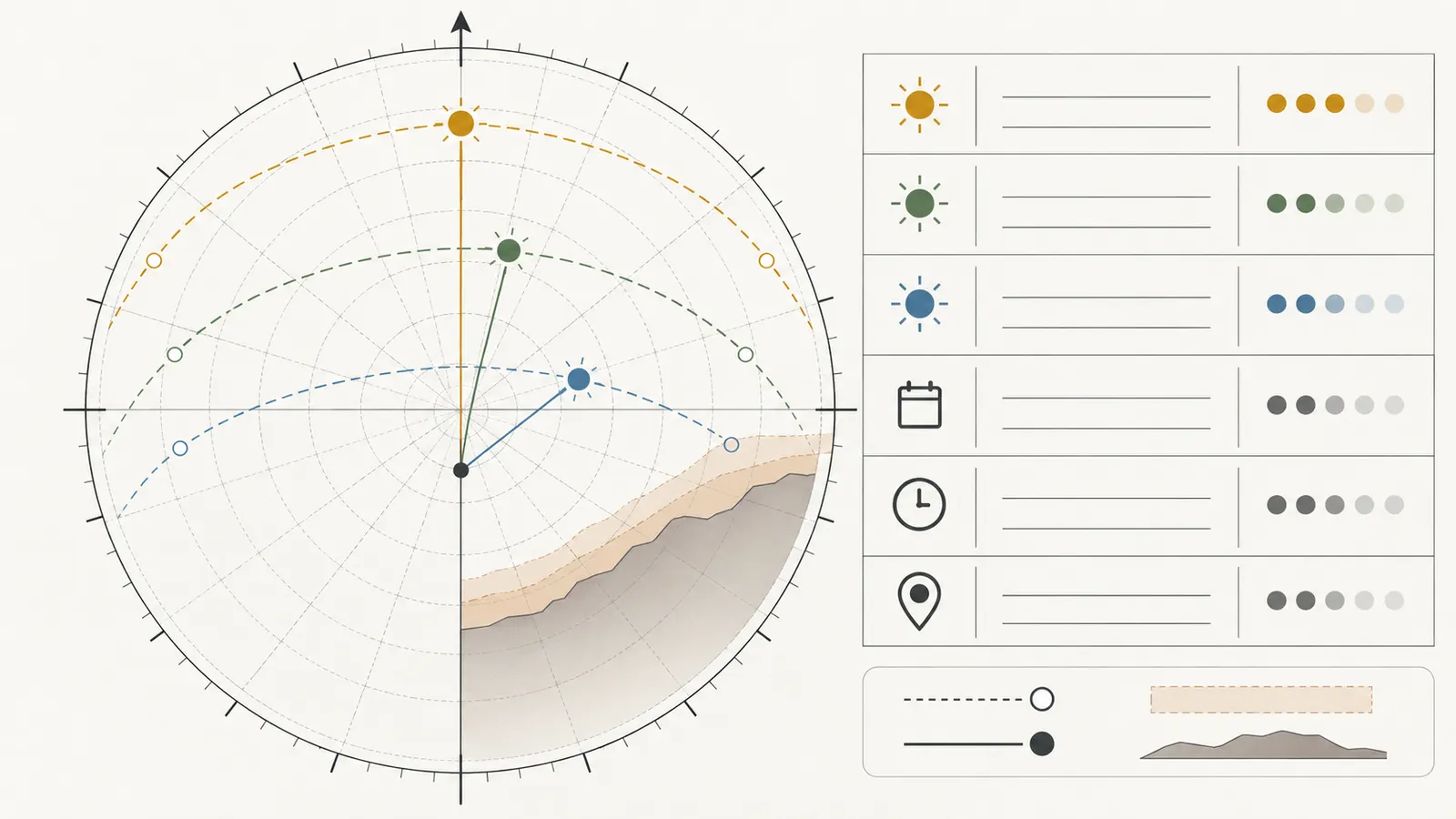 Seasonal chart comparing sun azimuth and elevation with an obstruction horizon angle at representative dates and times.