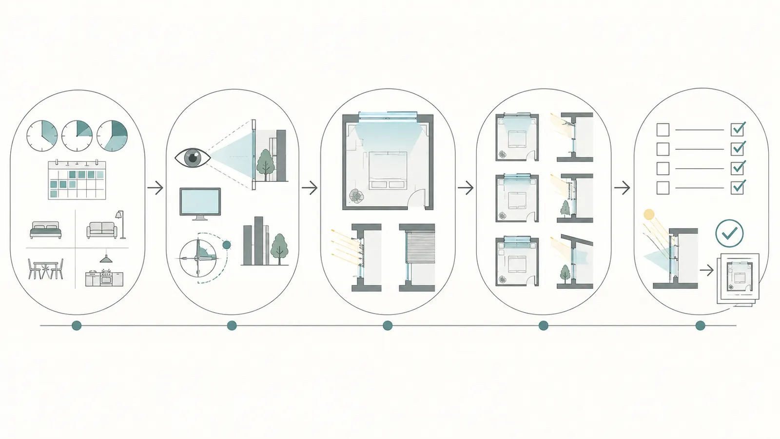 Decision map from household routines and site inputs to room requirements, schematic options, verification, and the next design handoff
