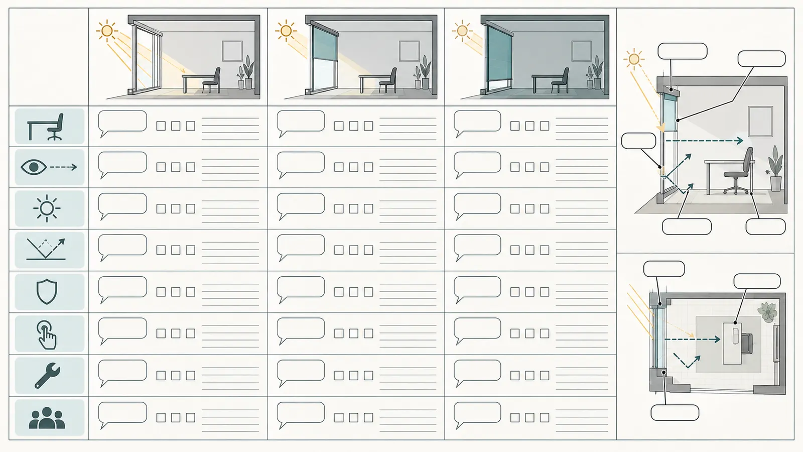 Schematic review matrix comparing open, partly deployed, and closed shade states with view, glare, control, and handoff checks