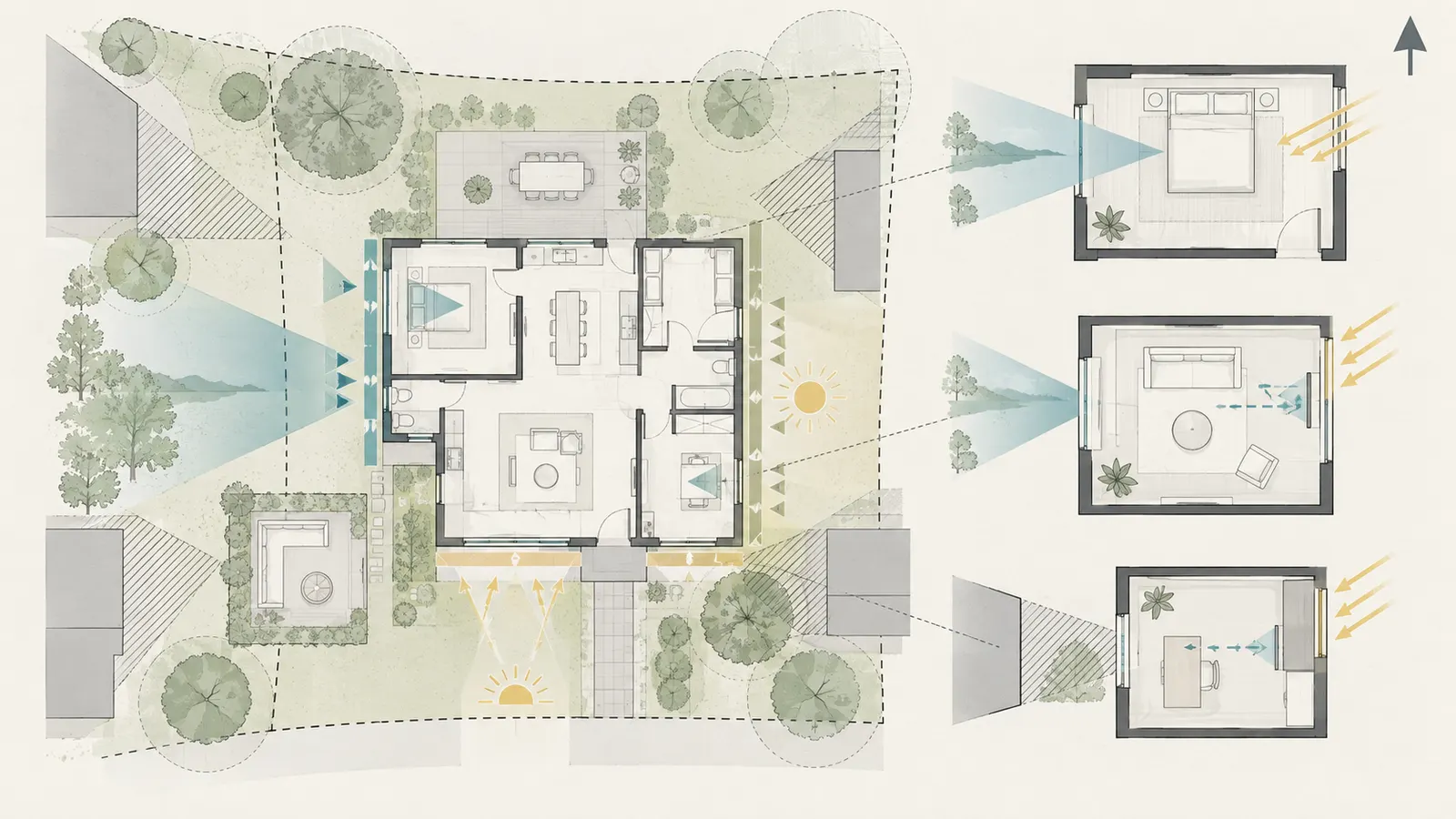 Annotated site and room diagram showing north, façade directions, views, obstructions, task positions, and sun-risk edges