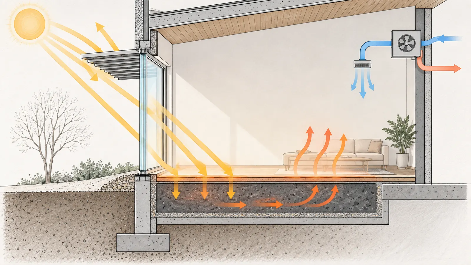 Diagram linking aperture, absorber, exposed thermal mass, heat distribution, and control in a direct-gain room.