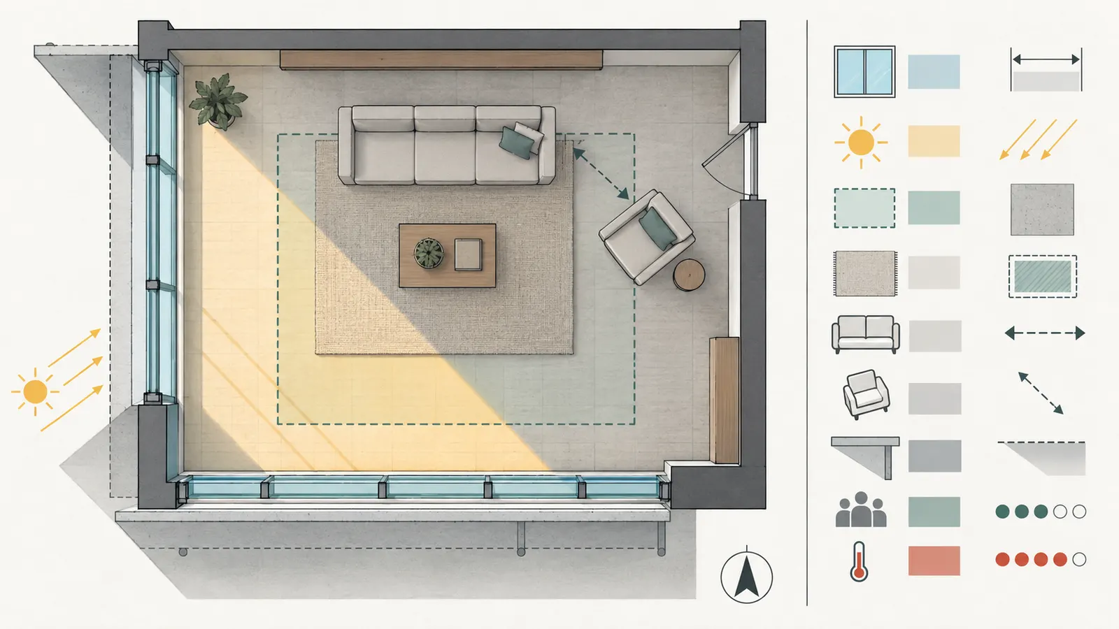 Annotated room plan showing window orientation, sunlit surface, exposed floor area, furniture, shade, and occupant distance.