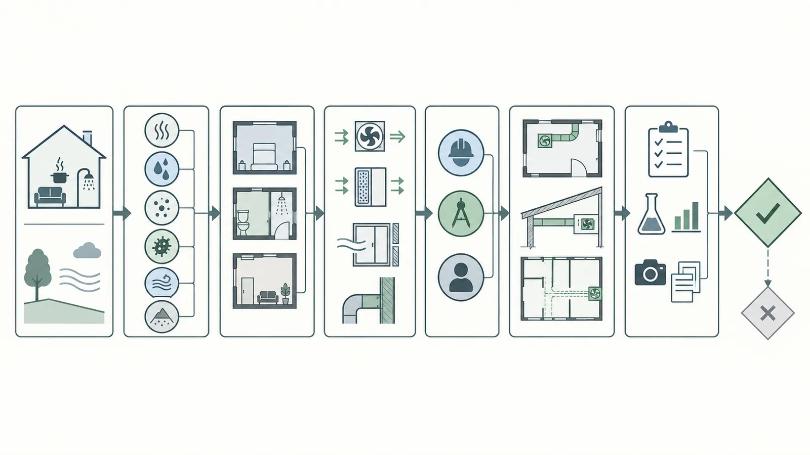 Flow from household and site inputs to an IAQ brief, design handoff and approval decision