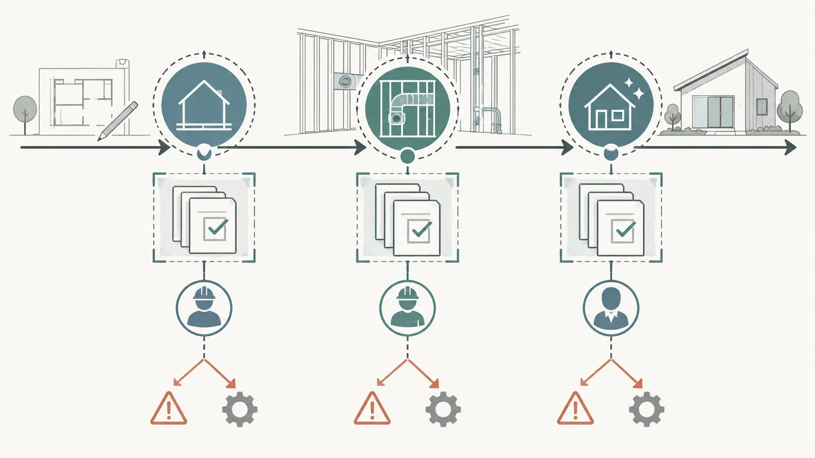 Three IAQ verification gates from schematic release through pre-concealment to handover