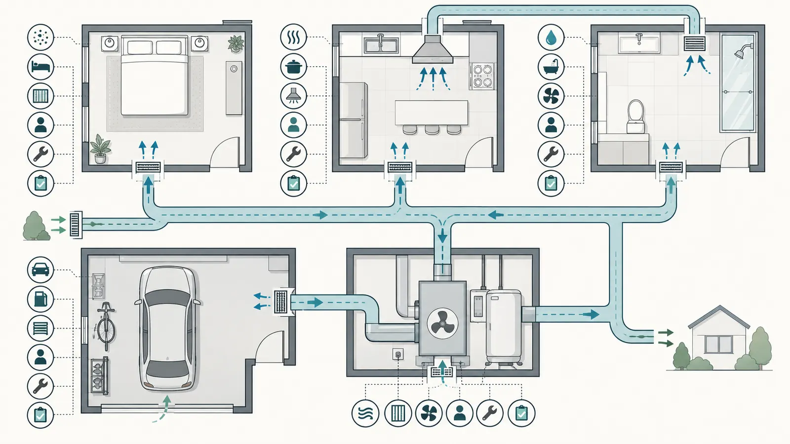 Room-by-room matrix linking IAQ sources, air paths, controls, access and verification