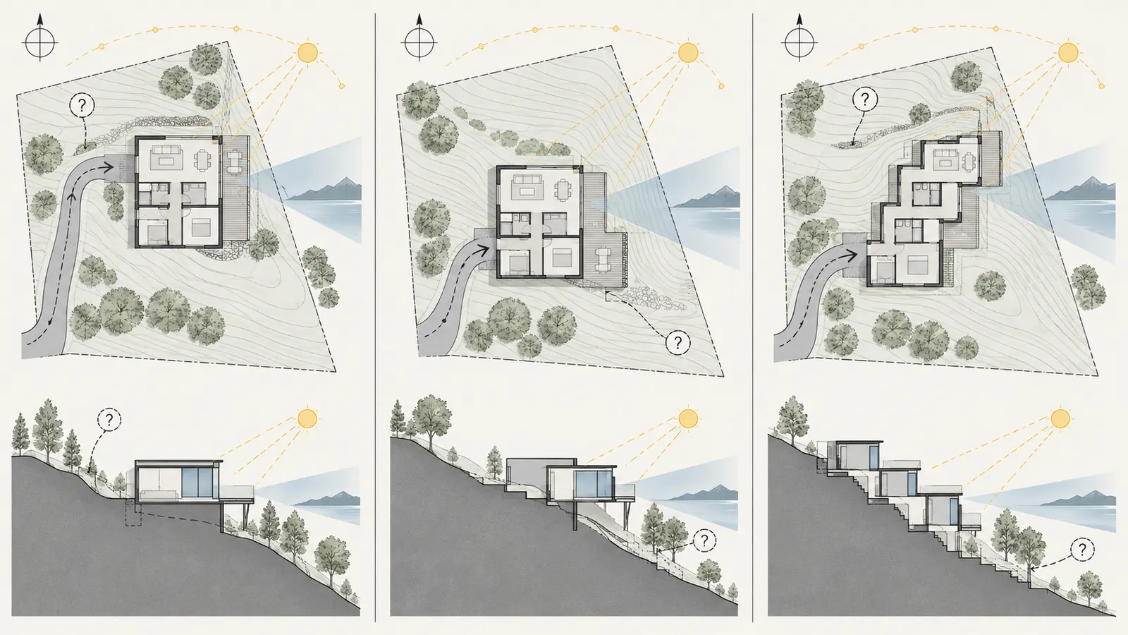 Three equal-program sloped-lot candidate diagrams comparing footprint, room zones, grade, view and solar compromises